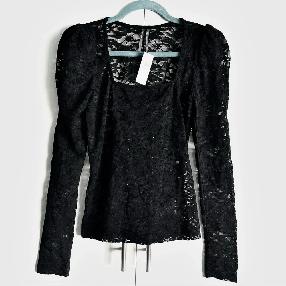 Anthropologie Puff-Sleeve Sheer Lace Top Blouse in Black Onyx Size S NWT